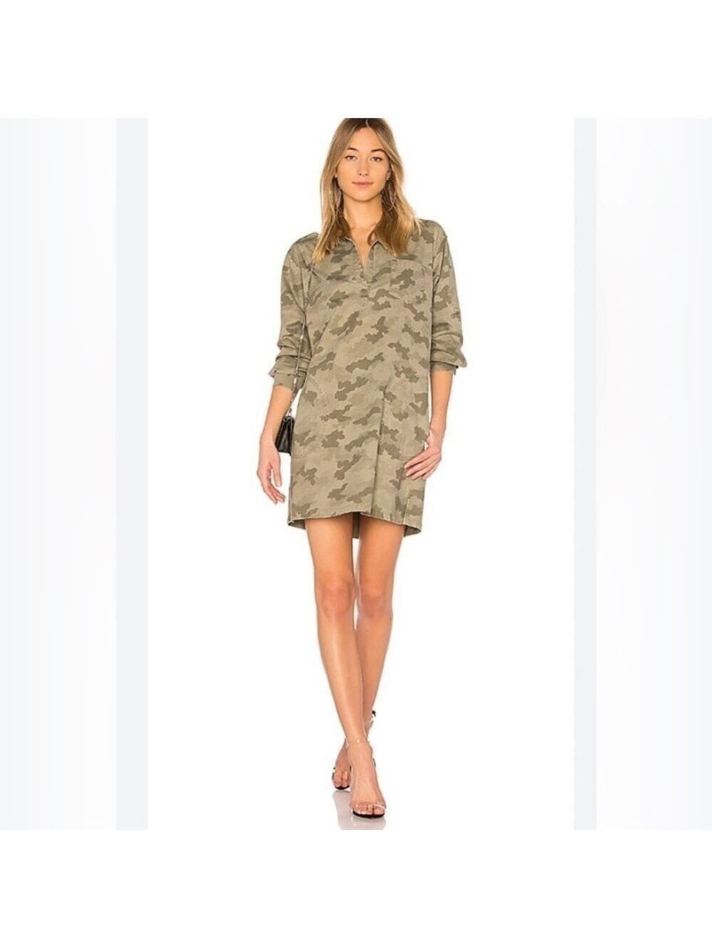 ATM Anthony Thomas Melillo Camo Mini Shirt Dress 3/4 Sleeve Sage Camo SZ S